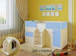 Кровать-чердак Малыш-4 Дуб молочный/Голубой в Нерюнгри - neryungri.katalogmebeli.com | фото 1