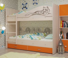 Кровать Мая-Сафари двухъярусная с ящикамиМлечный дуб/Оранжевый в Нерюнгри - neryungri.katalogmebeli.com | фото 1