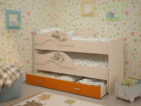 Кровать выкатная Радуга-Сафари детская 1600 Млечный дуб/Оранжевый в Нерюнгри - neryungri.katalogmebeli.com | фото